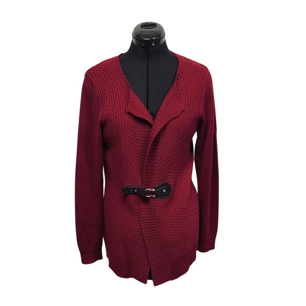 Susan Bristol Merino Wool Blend Cardigan Burgundy Red Buckle Front Women's Large